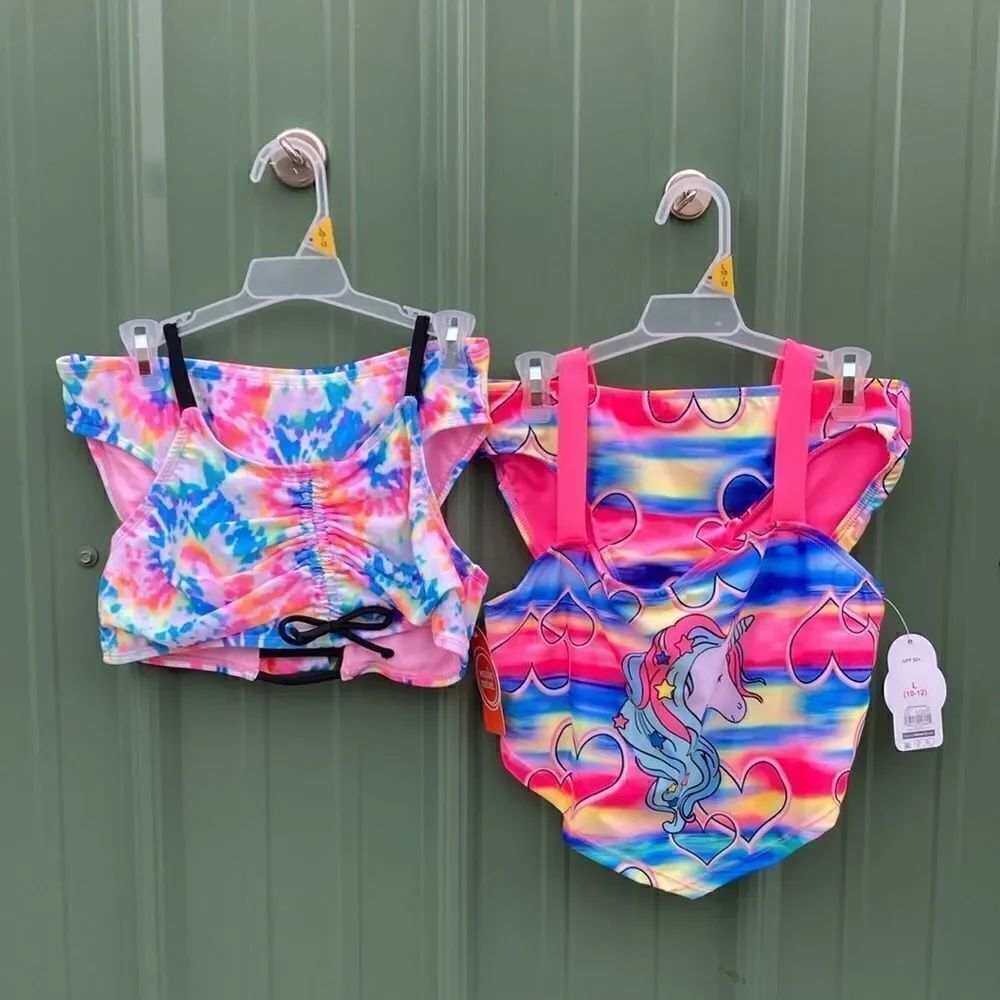 Girls Tie Dye Printed & Unicorn Bikini Swimsuit Bathing Suit 2-Pack Size L 10/12
